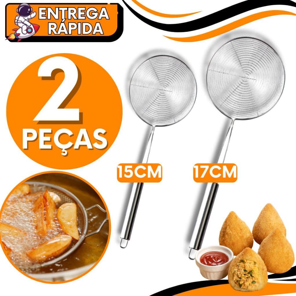 KIT JOGO 2 Escumadeira Aramada Resistente Fritura Inox 37,5CM De Comprimento Batata Pastel Resistente Multiuso Universal