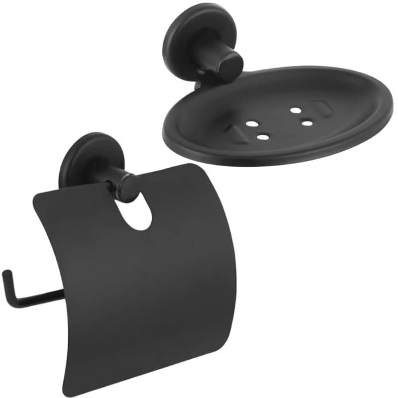Kit Stander 2 Peças Preto Fosco – Papeleira + Saboneteira Banheiro