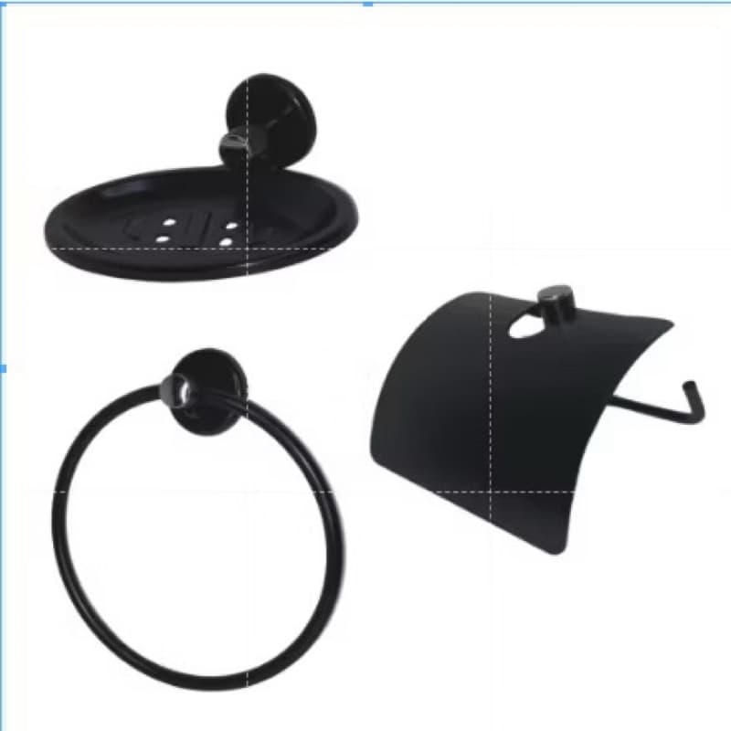 Kit Stander 3 Peças Preto para Banheiro – Papeleira + Saboneteira + Porta Toalha Argola