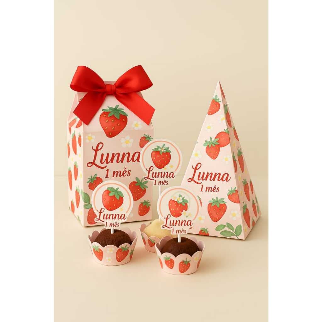 Kit Festa 1º Mês da Lunna • Tema Moranguinho 🍓 • 21 Peças • Mesa Encantadora com Topo de Bolo-Envio Rápido