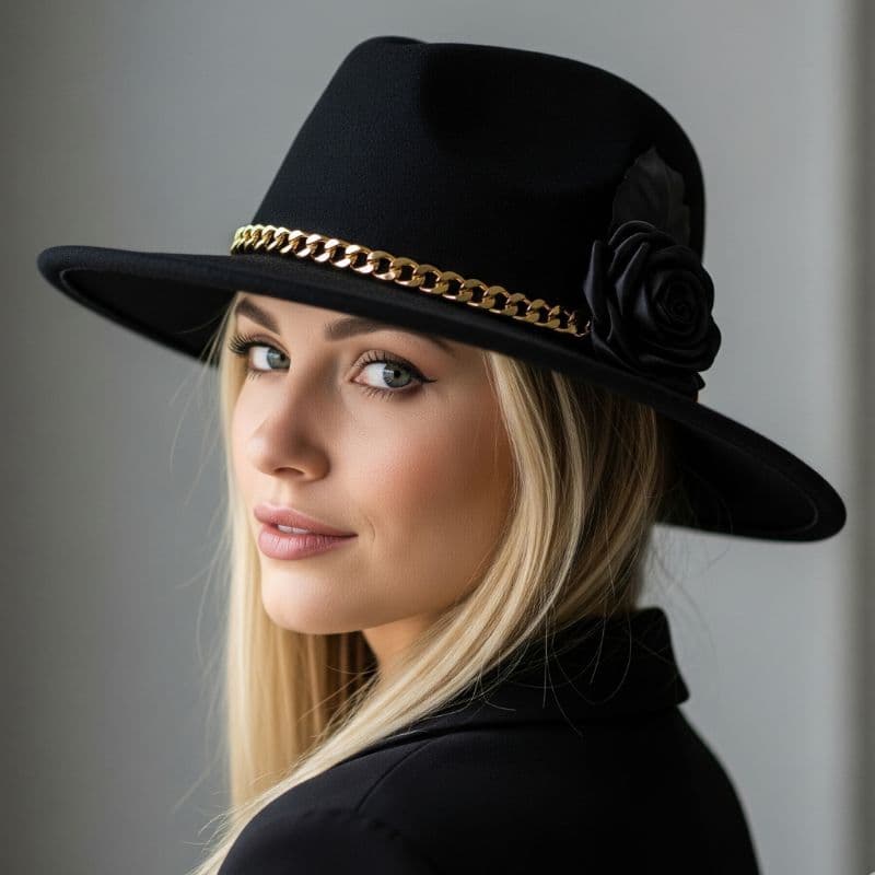 Chapéu Feminino Fedora Preto Com Flor de Cetim e Corrente Dourada Linha Luxo