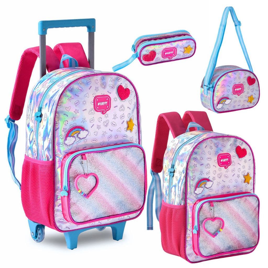 Kit Mochila Escolar Infantil De Rodinha Menina Lancheira Termica Estojo Kit Escolar Bolsa Mochila
