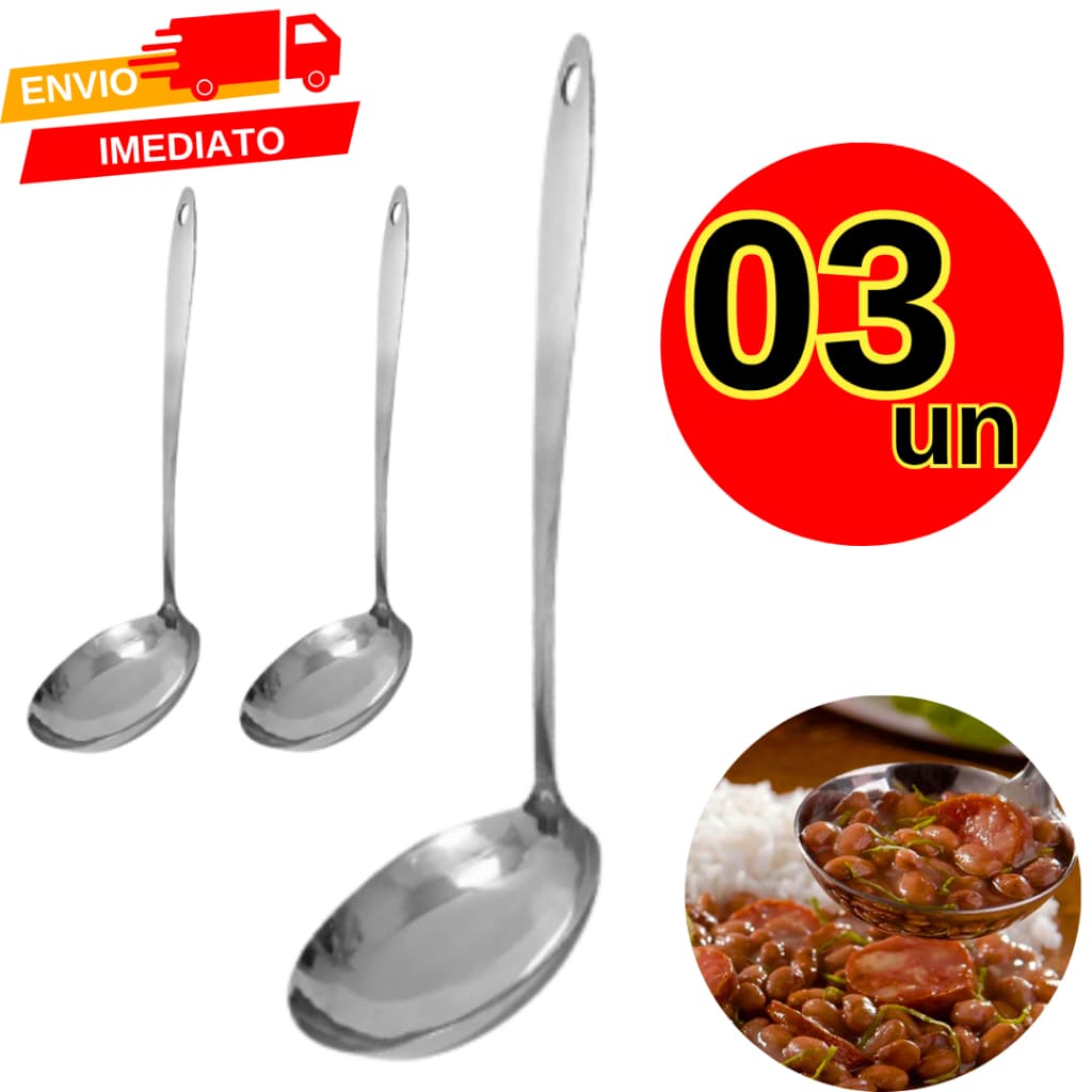Kit 3 Concha Grande 30cm Açoxidável Inox Grosso Acabamento Liso Feijão Sopa Utensílios de Cozinha