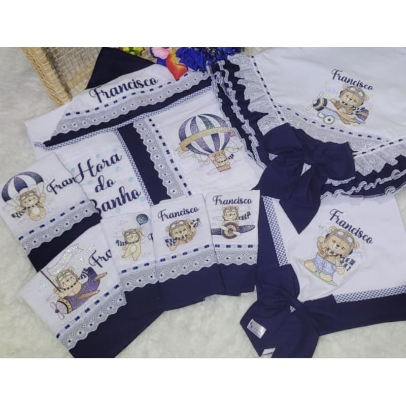kit 1 manta+1 cuero+1 toalha capuz+2 fraldas 70x70+3 panos de boca 35x35 personalizados