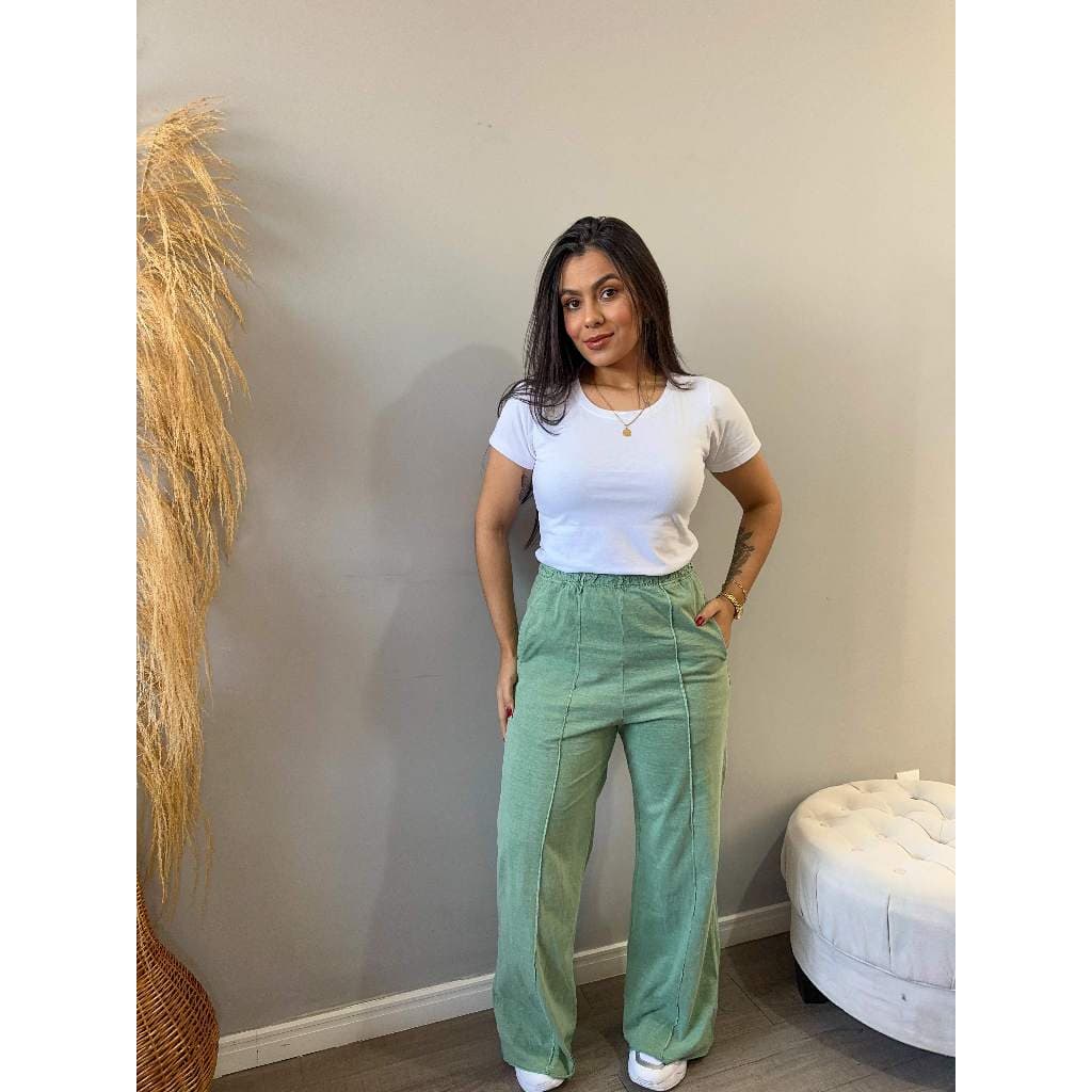 Calça Pantalona Feminina 100% Algodão Estonada Cintura Alta com Bolso Malha Premium Confortável Live