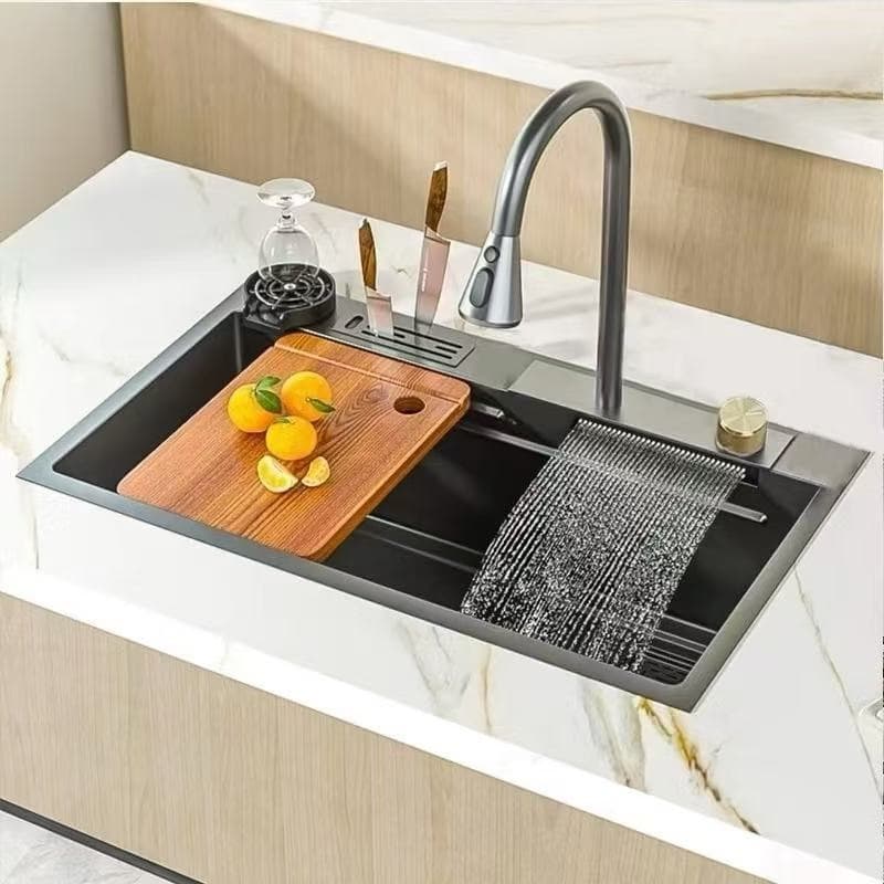 Cuba Cascata Pia Com Torneira Lavador De Copos Completa Acessórios Aço Inox 304 Cozinha Gourmet Cor Preto 75*45cm