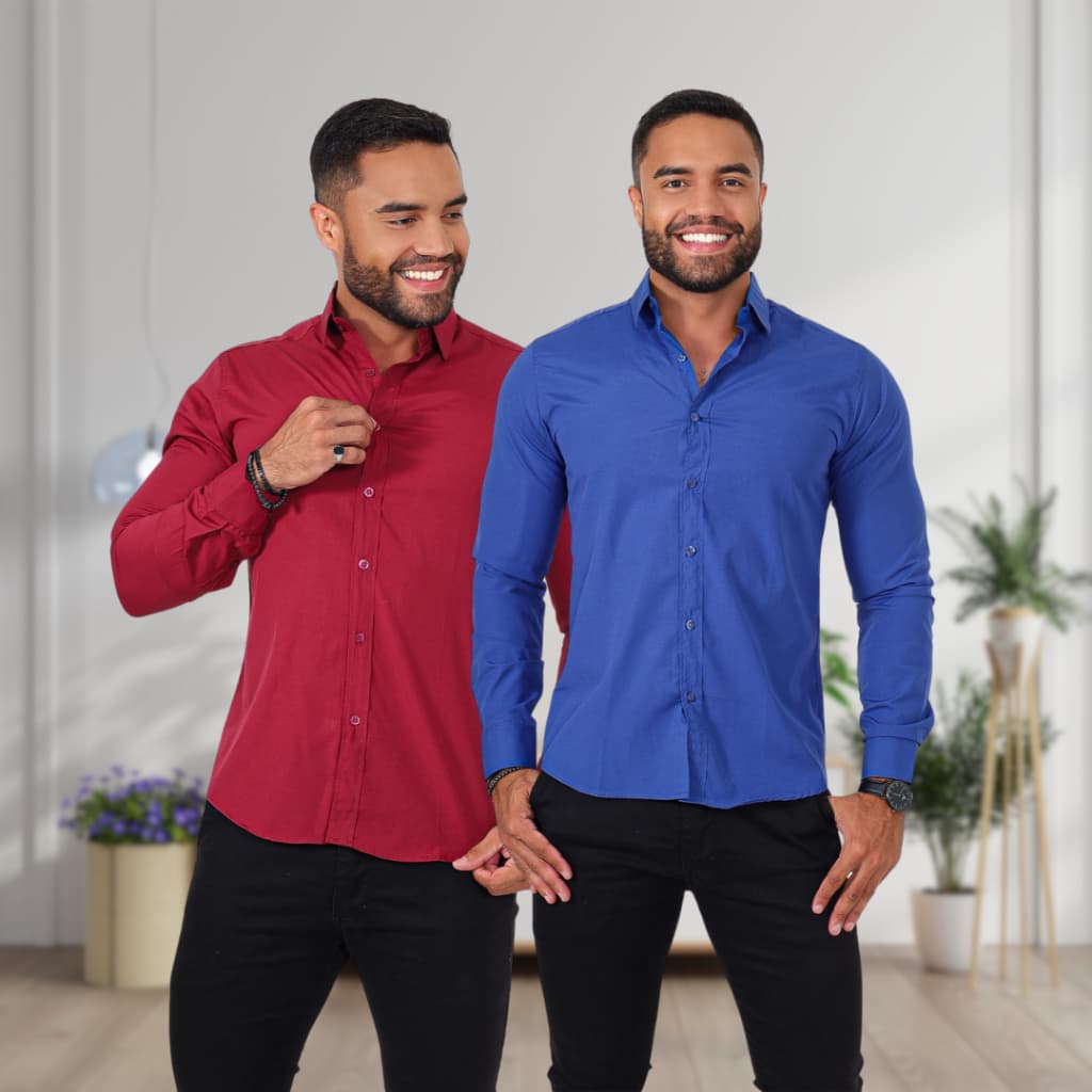 Kit 2 Camisas Social Slim Fit Masculina Passa Facil Manga Longa Premium Envio Imediato
