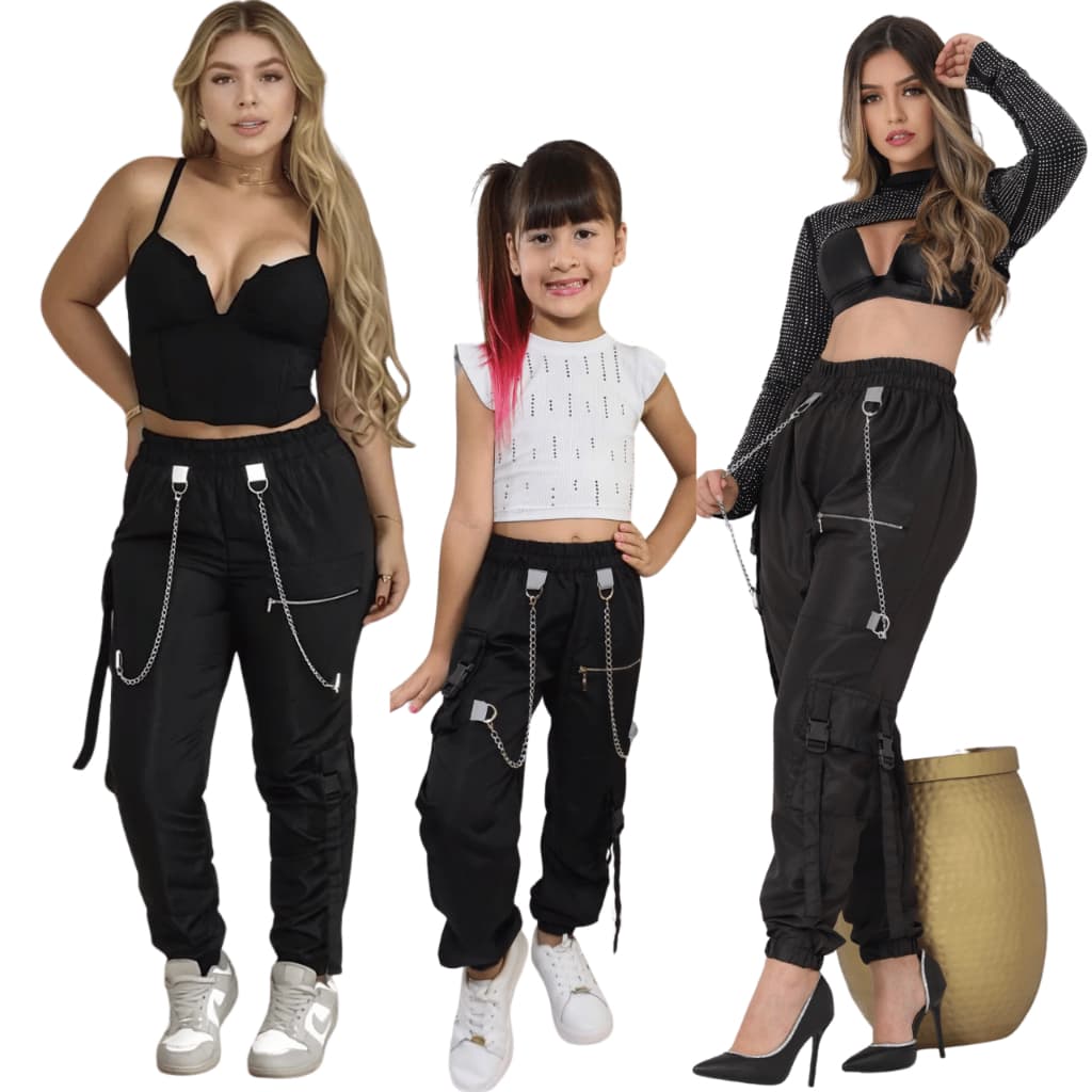 CALÇA CARGO JOGGER FEMININA E CRIANÇA COM CORRENTES E BOLSOS MODA GRINGA STREETWEAR 12 14 16 P M G