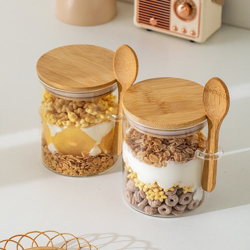 Conjunto 2 Potes De Vidro Borossalicato 450ml Com Tampa e Colher de Bambu Organização de Temperos