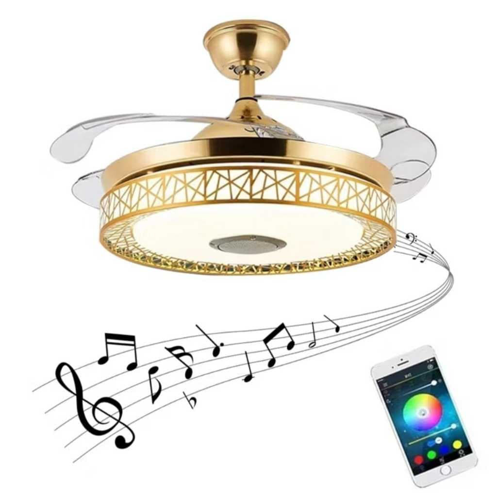 Lustre Ventilador de Teto Retrátil Dourado com Controle Remoto e caixa de Som - Bivolt Fonte do Led