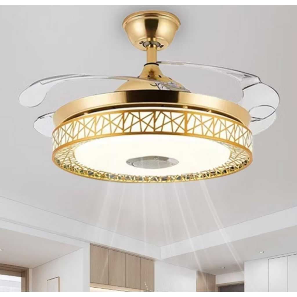 Ventilador de Teto Retrátil Dourado com Controle Remoto e caixa de Som -Design de ninho de pássaro