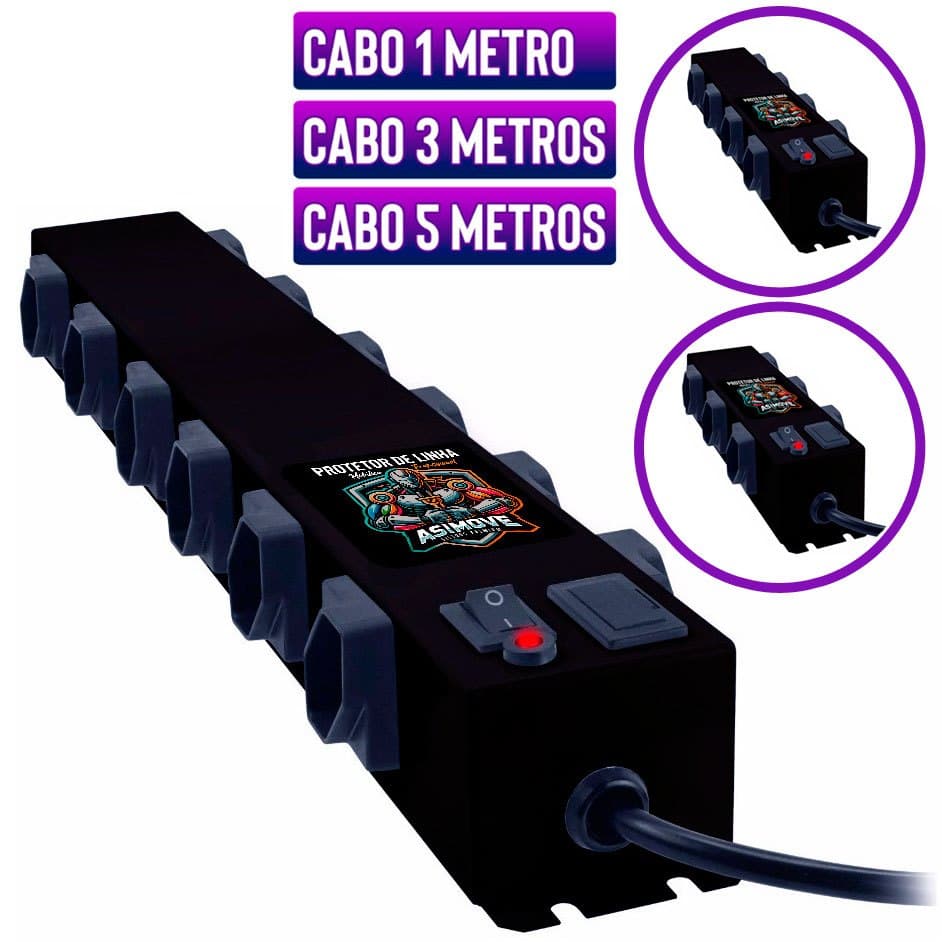 Filtro Linha de Metal C/ 12, 8 e 6 Tomadas Cabo 5mt 3mt 1mt Regua Tomada Espaçada