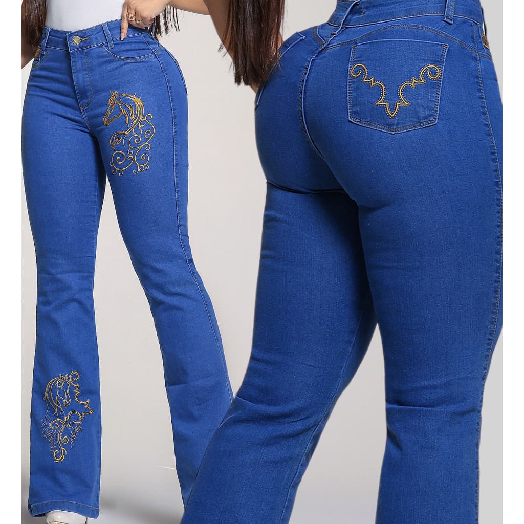 Calça Jeans Feminina Bordada Country Flare Rodeio Tecido Premium Reforçado Com Elastano Boiadeira