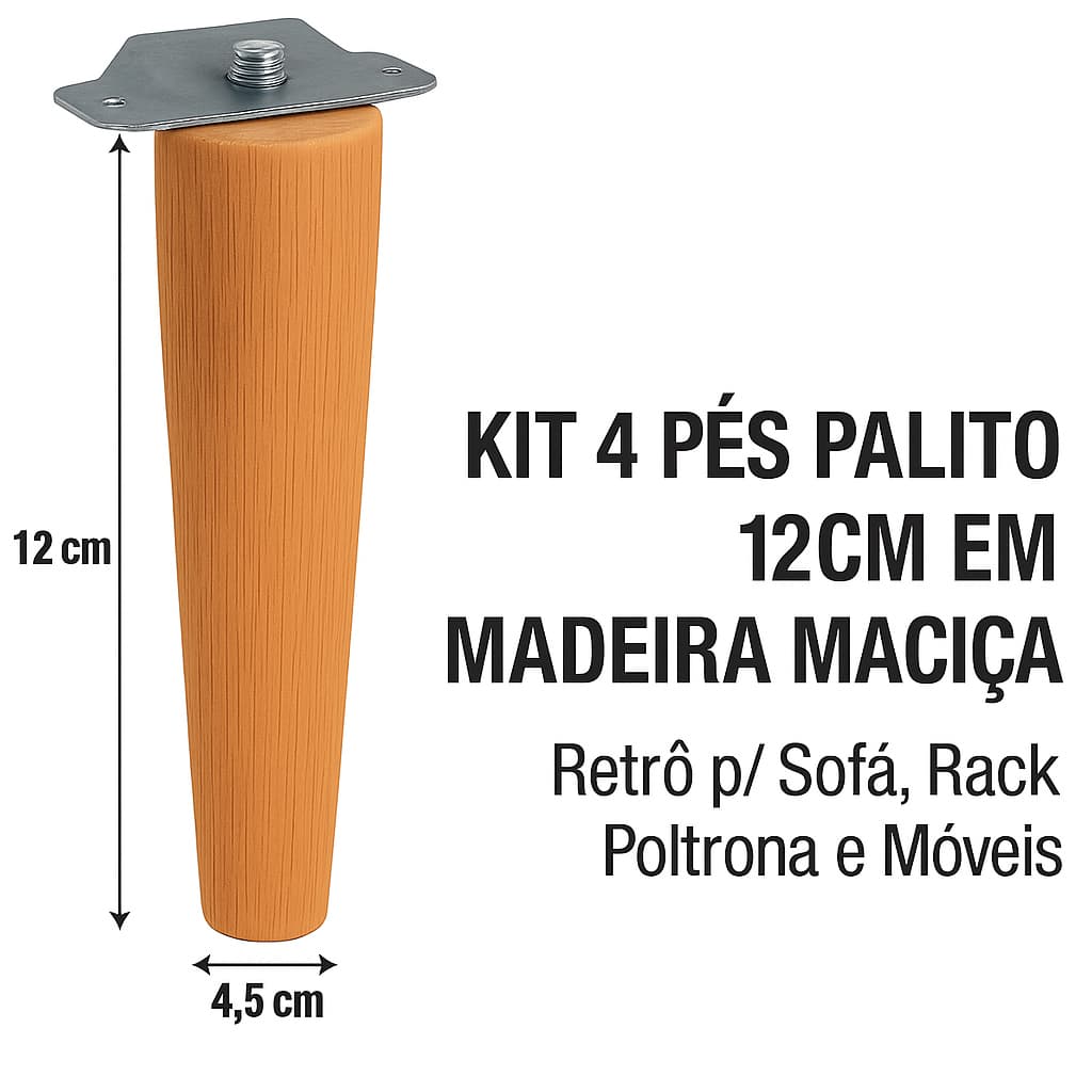 ✨ Pés Palito Retrô 12cm – Kit 4 Unid. Madeira Maciça c/ Suporte