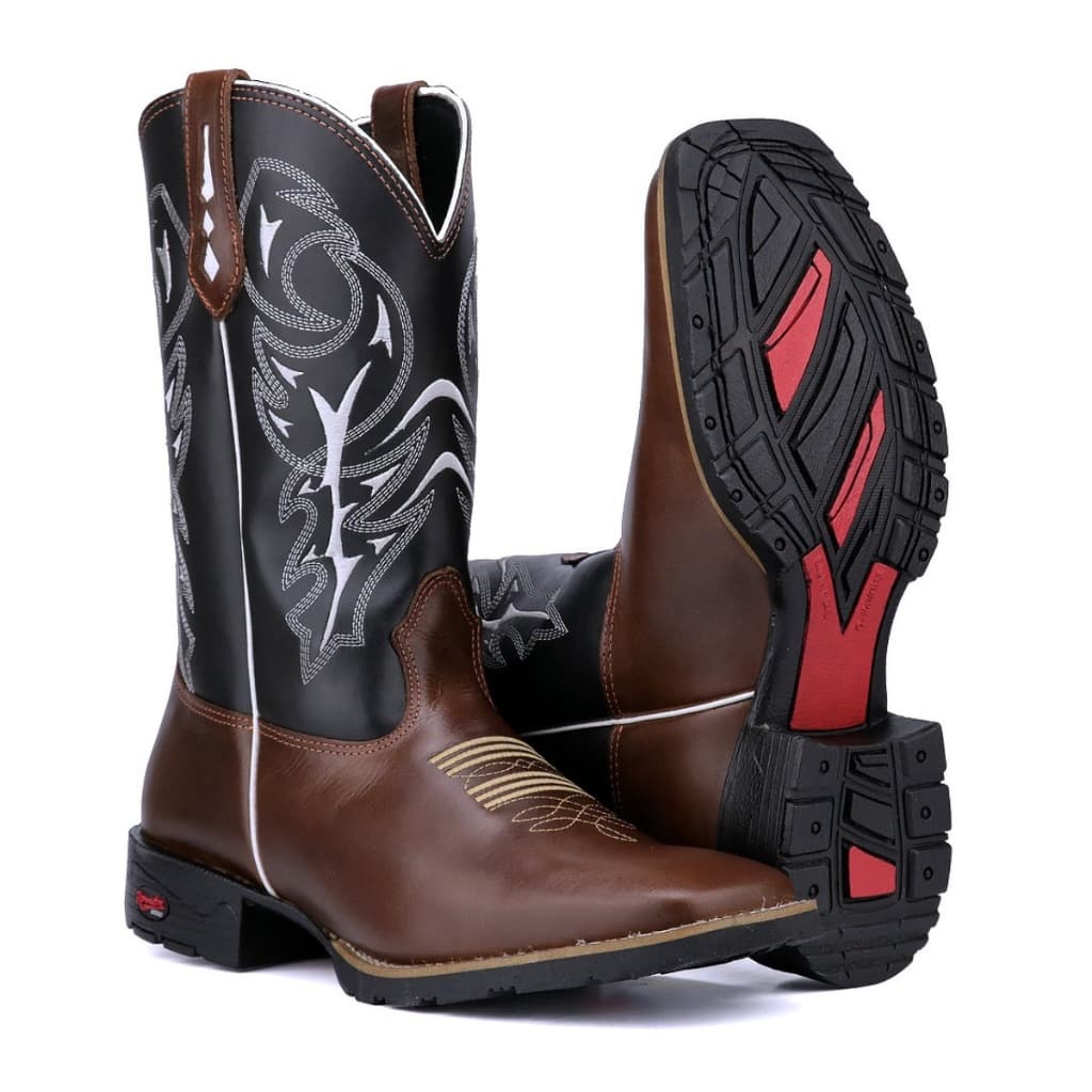 Botina Country Texana Cano Longo Bico Quadrado Bordado Couro Legitimo