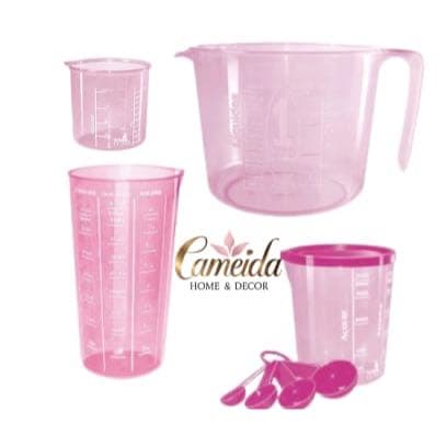 Kit Medidor Culinário Rosa 4 Peças com Jarra 500ml  e 3 Copos com Bico Dosador 500ml, 400ml e 100ml -Confeitaria/Cozinha