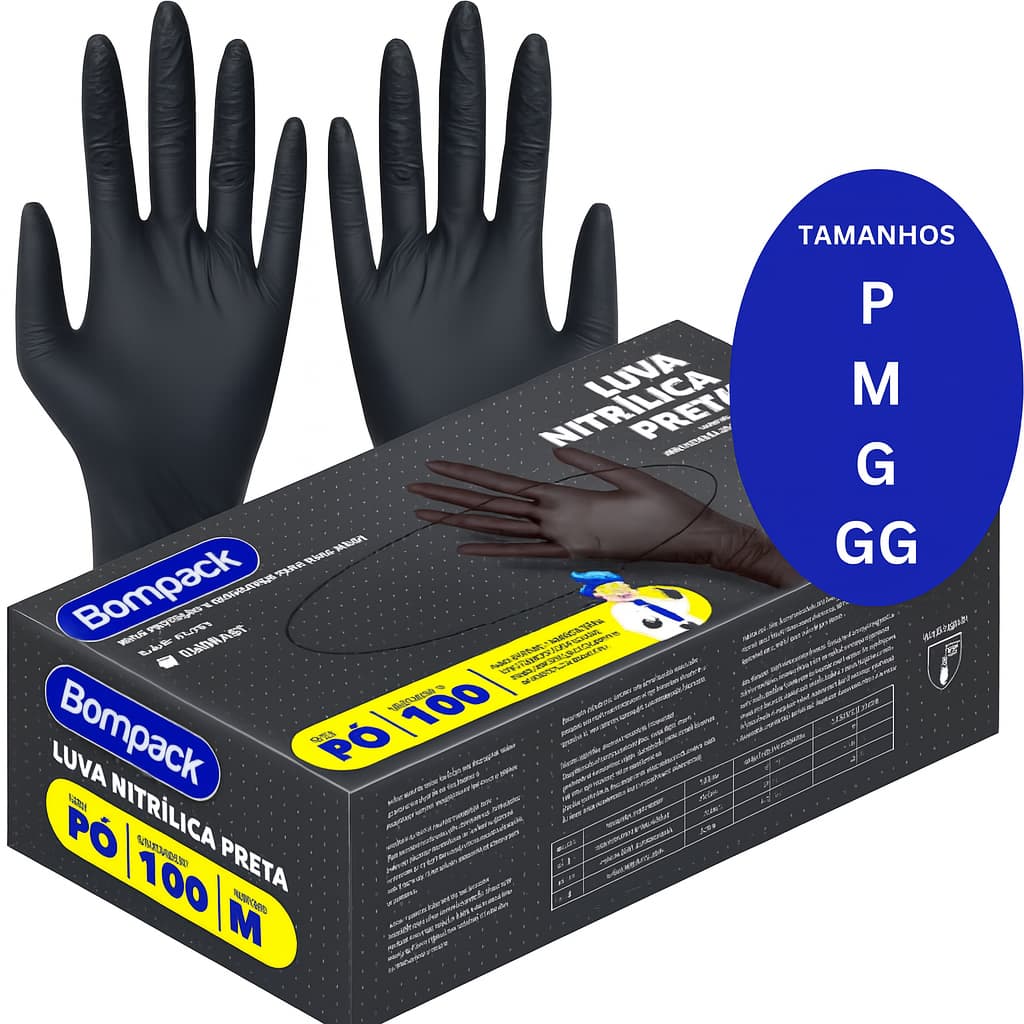 kit 100 luvas Nitrílica Preta Descartável  Sem pó para salão jardinagem Bomback