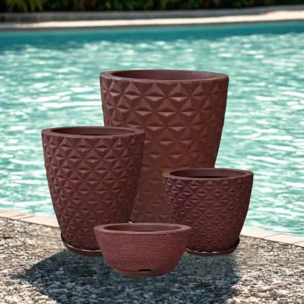 Kit 4 Vasos de Plantas e Flores Diamante  P M G e Bacia Escovada P Decorativo de Polietileno
