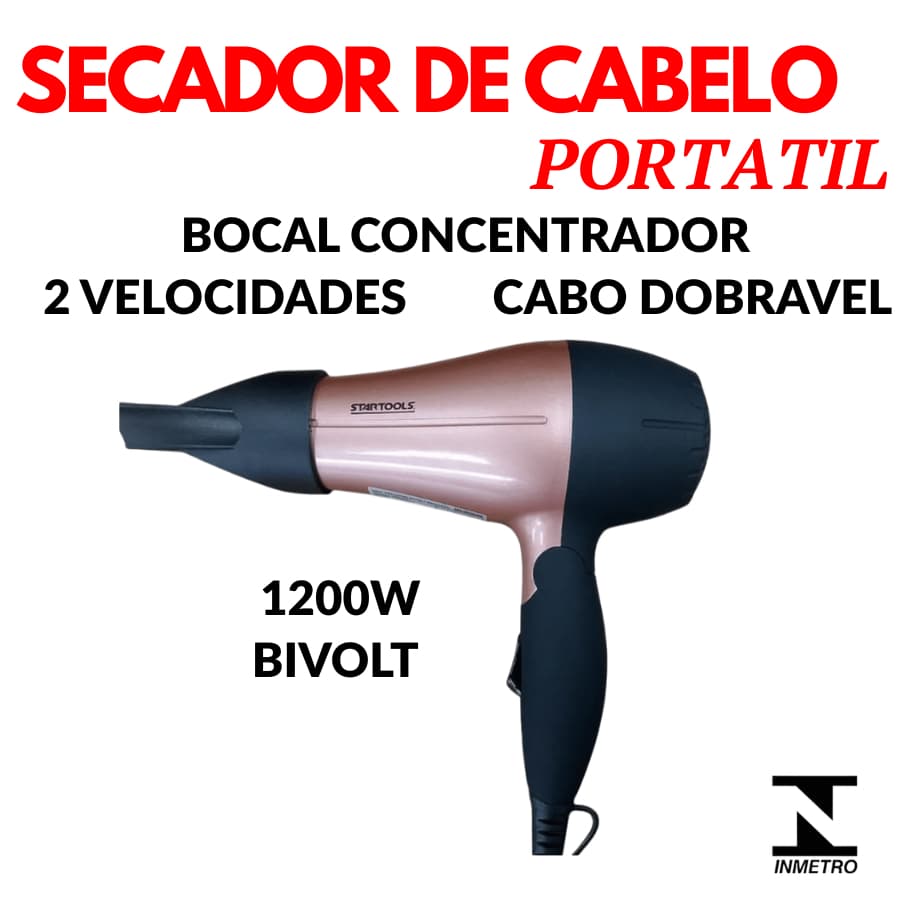 Secador De Cabelo Dobrável Portátil 1200W Bivolt Pequeno Alça Bocal Direcionador