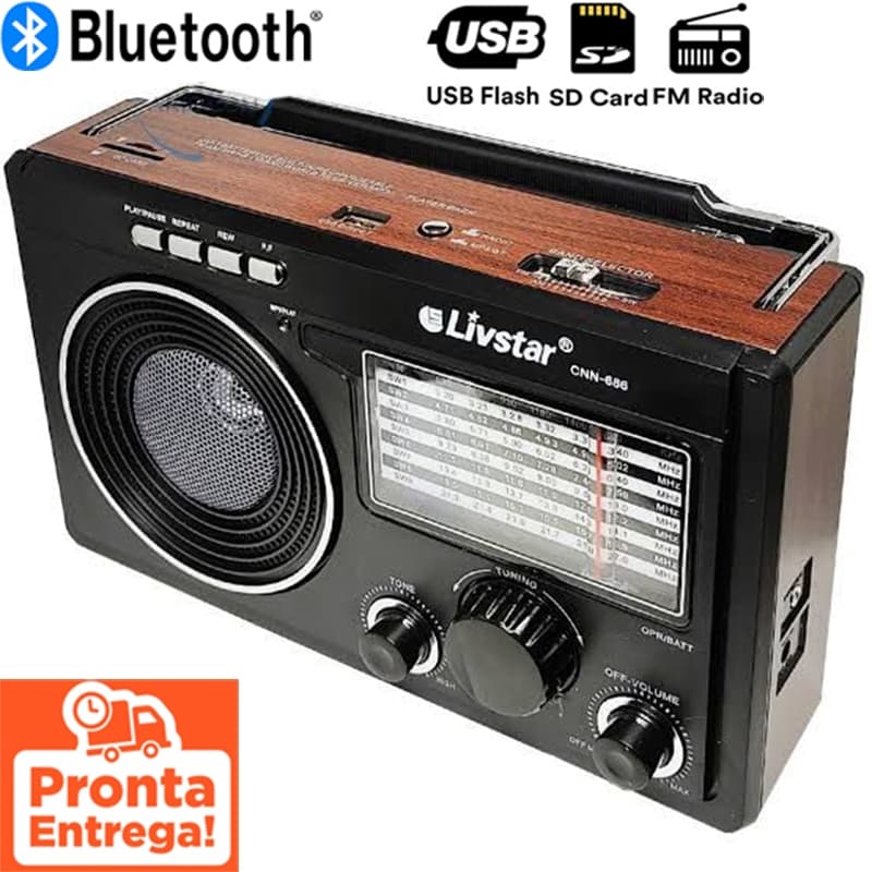 Rádio Vintage Portátil Retrô Multibanda com Entradas USB, SD AM/FM/SW e Antena Telescópica