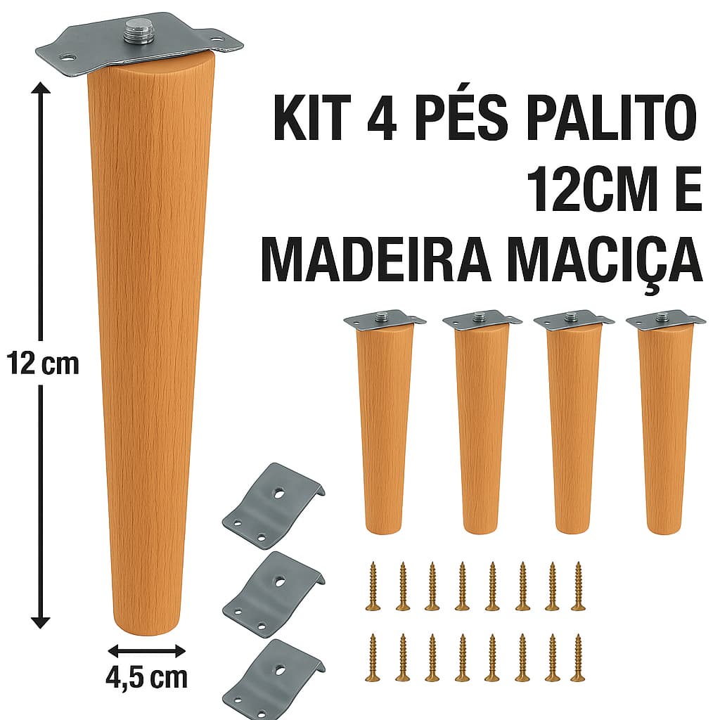 🔧 Kit de Pés Palito 12cm – Madeira Reflorestada + Chapinhas + Parafusos