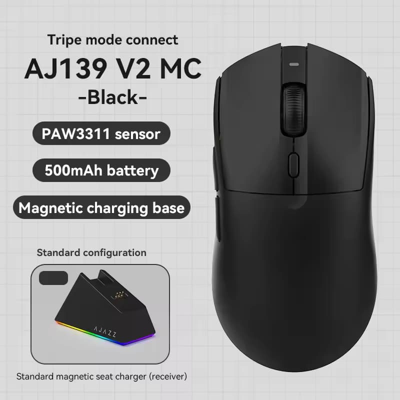 Mouse Gamer Ajazz AJ139 V2 MC Sem Fio 12000DPI Sensor PAW3311 Tri-Mode Com Dock de Carregamento