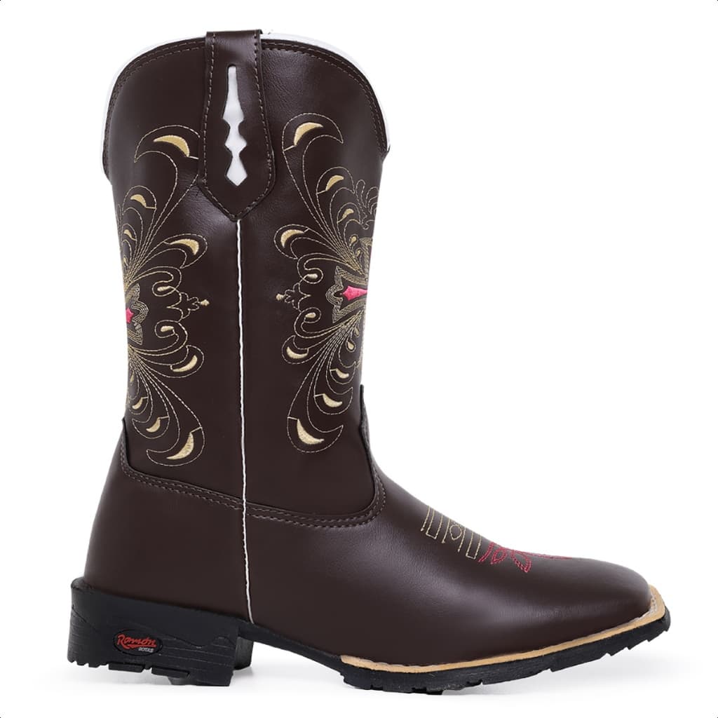 Botina Feminina Texana Country Bordado Cruz Rosa Bico Quadrado Cano Longo