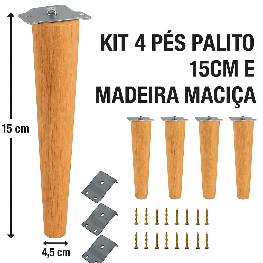 🔥 Kit Renovação Móveis: 4 Chapinhas Chanfradas + 4 Pés Palito 15 cm + 6 Parafusos