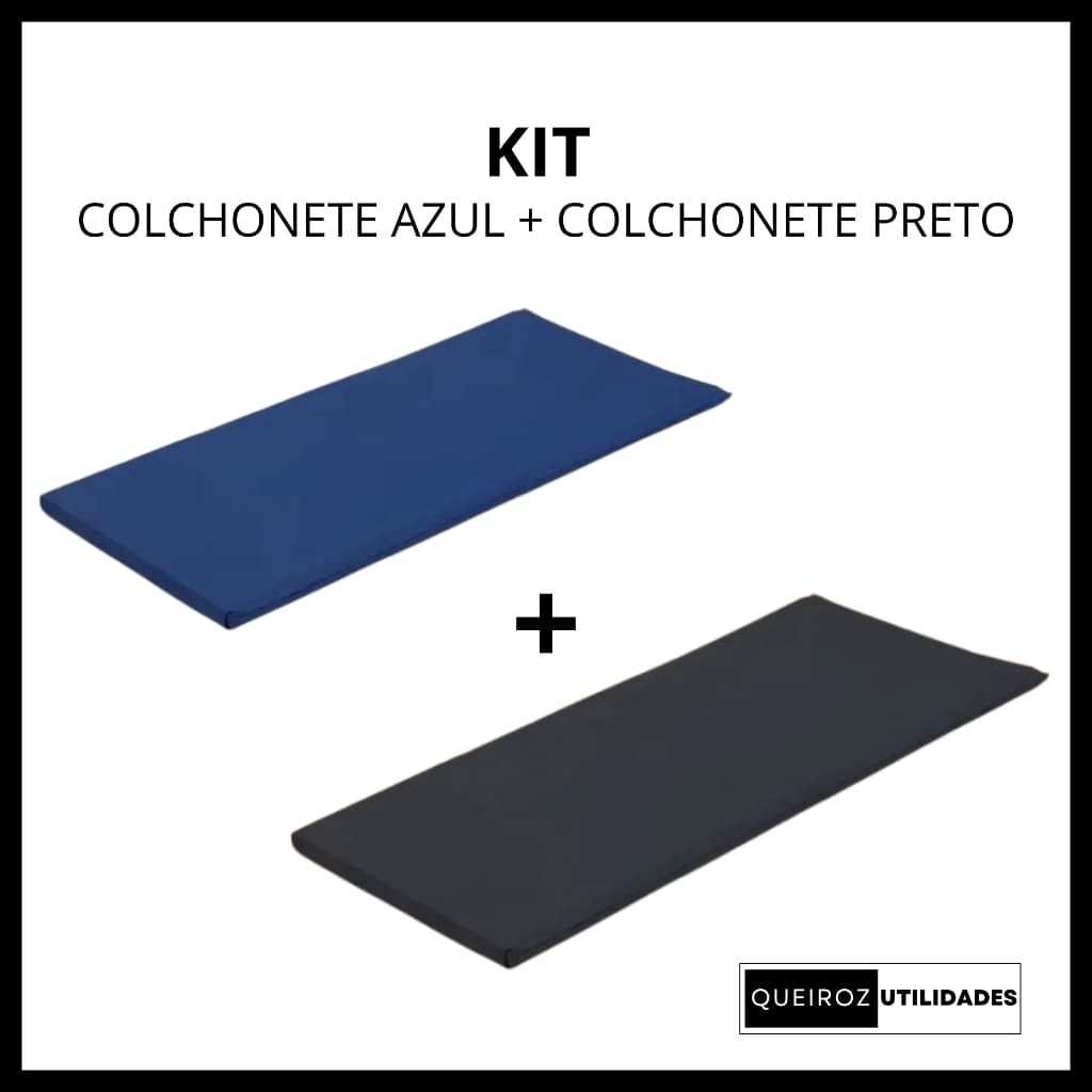 KIT COLCHONETE PARA ACADEMIA / YOGA / PILATES - 90x40x3cm - DUPLA COSTURA COLCHONETE PRETO + AZUL