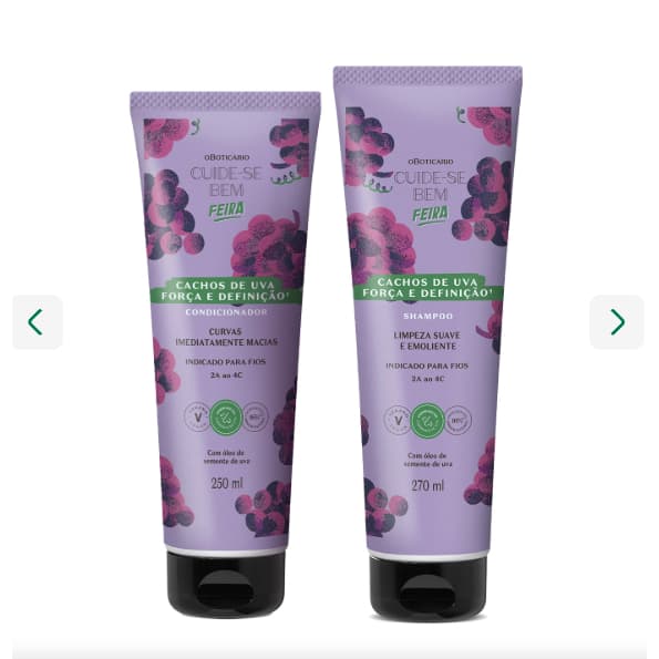 Shampoo+Condicionador e Creme de Pentear Cachos de Uva, Cuide-se Bem, o Boticário.