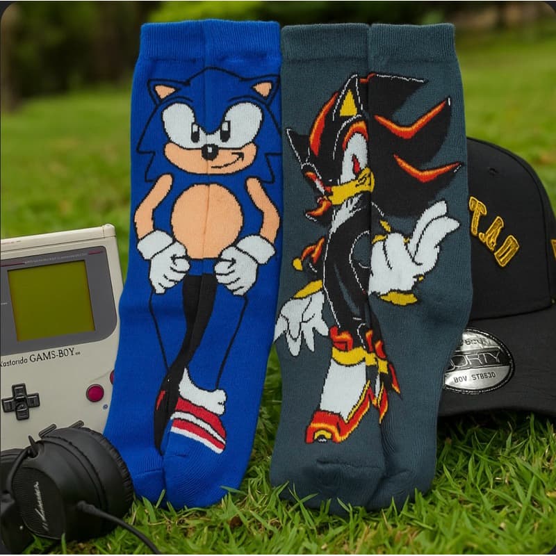 Meia Sonic Azul e Shadow Cinza Kit 2 Pares Personagem Divertida Gamer Adulto• Algodão Macio • Pronta Entrega!