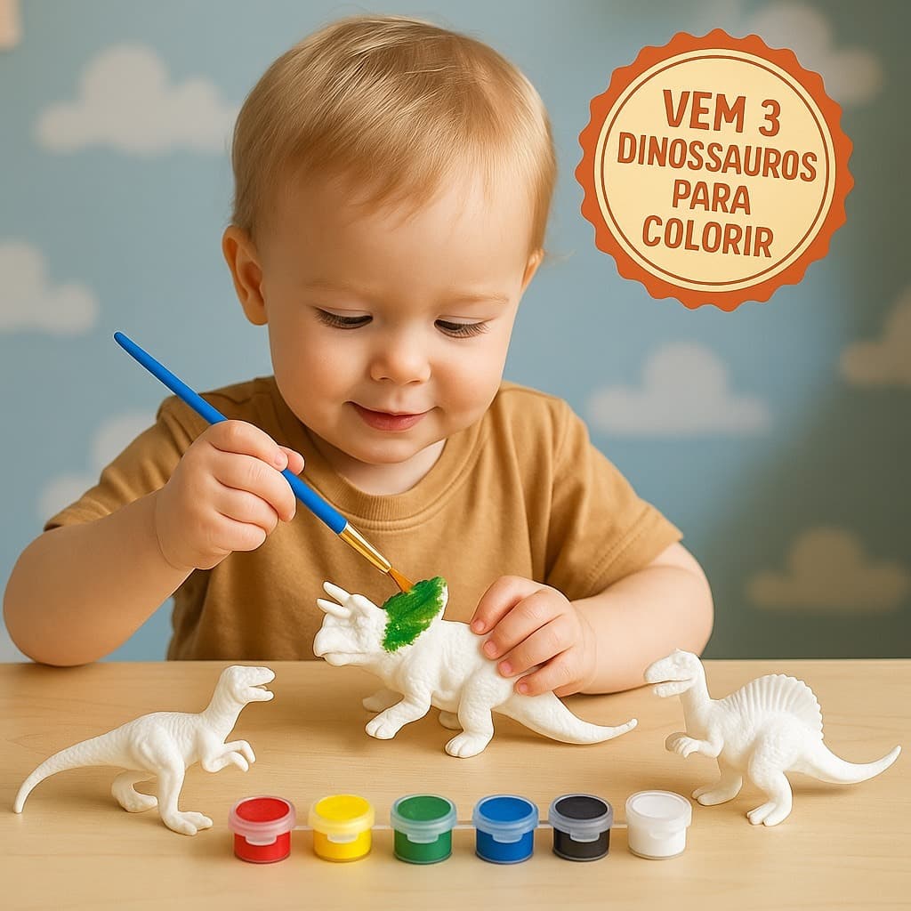 Kit 3 Dinossauros Para Pintar Colorir Dino De Borracha Pequeno 6 Cores 1 Pincel Brinquedo Educativo
