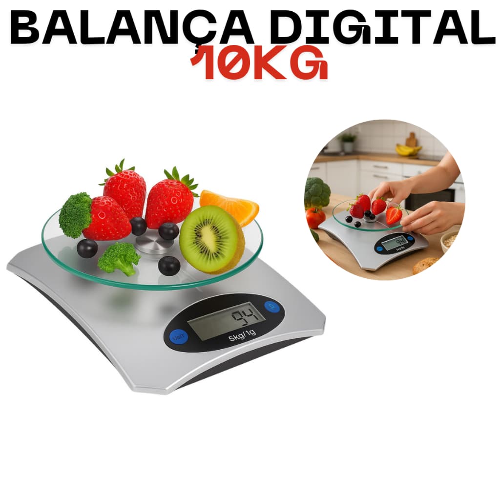 Balança de Cozinha Digital Redonda Vidro 10kg com Visor LCD e Função Tara