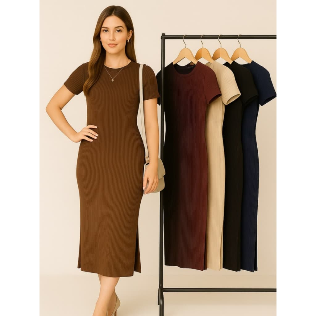 Kit 5 Vestidos Midi Canelado Com Fenda Lateral Manga Curta Gola Redonda Vestido  Elegancia e Conforto Premium Moderno