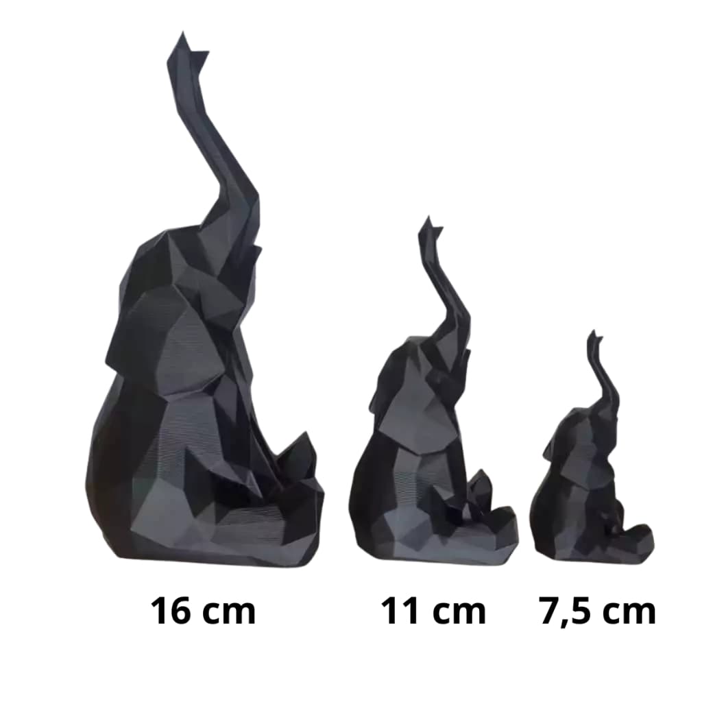 Kit 3 Elefantes da Sorte Preto Decorativos Low Poly