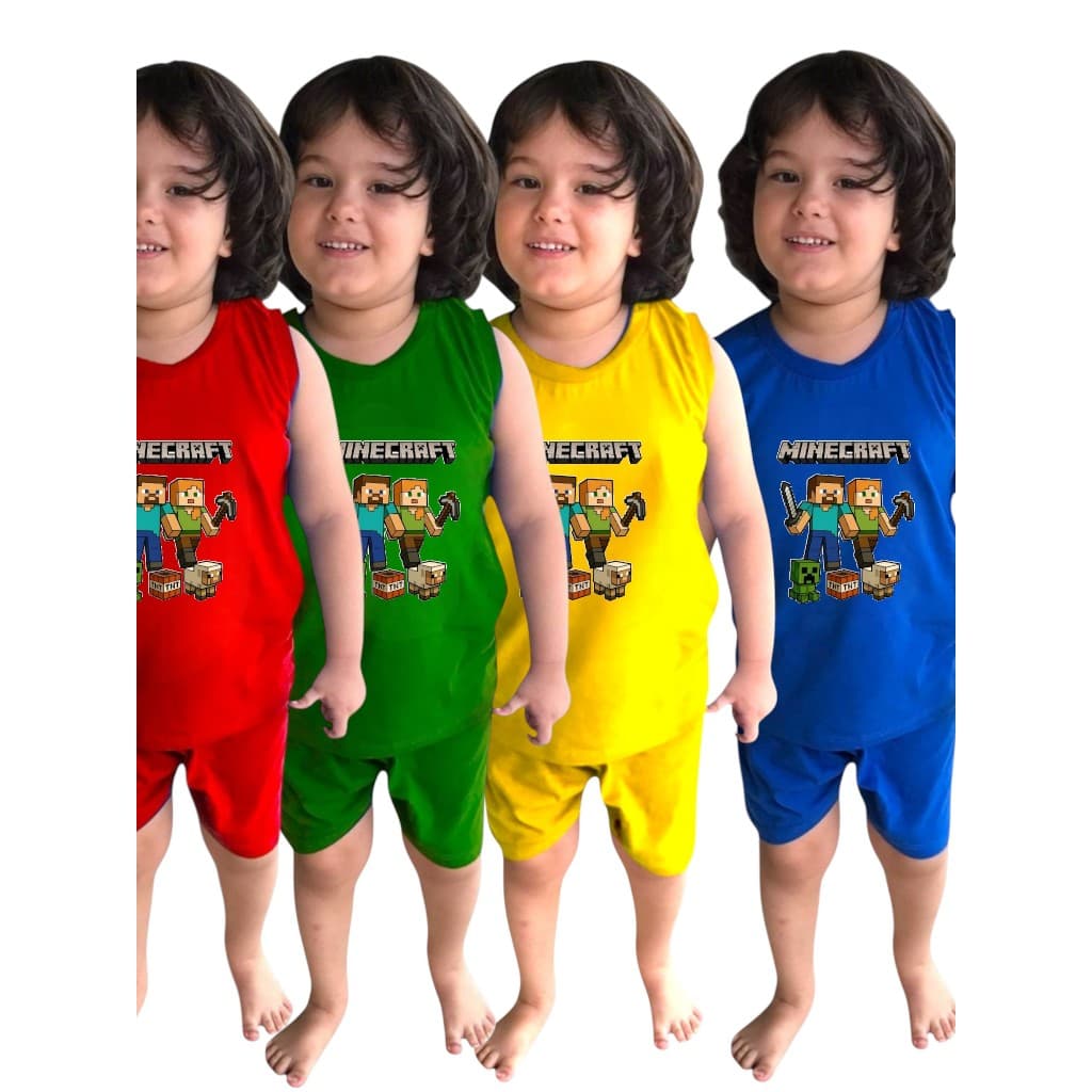 Conjunto Infantil Regata e Short Unissex Menino Menina Verão Minecraft