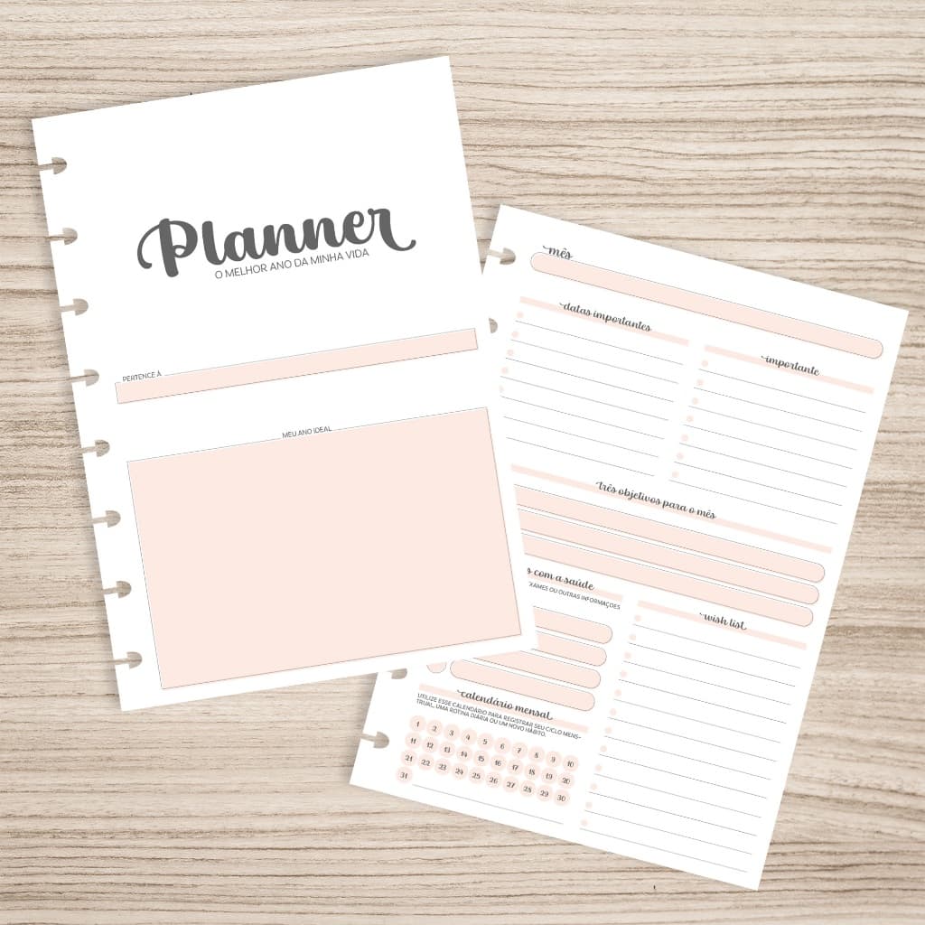 Refil Planner Não Datado para Caderno de disco inteligente (A5 - 8 furos)