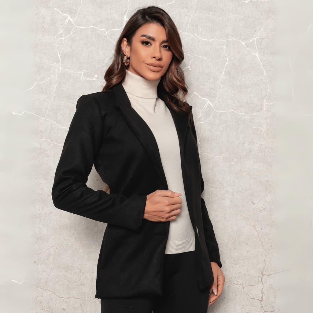 Blazer Preto Feminino de Lã Batida Premium 100% Poliéster