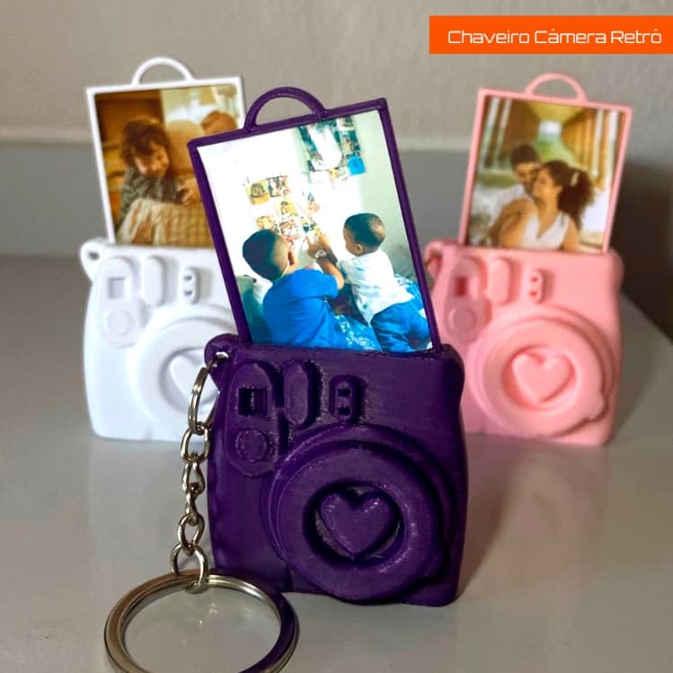 Chaveiro Estilo Câmera Retrô com Porta Foto Polaroid Personalizada - Impressão 3D Guardar Memórias