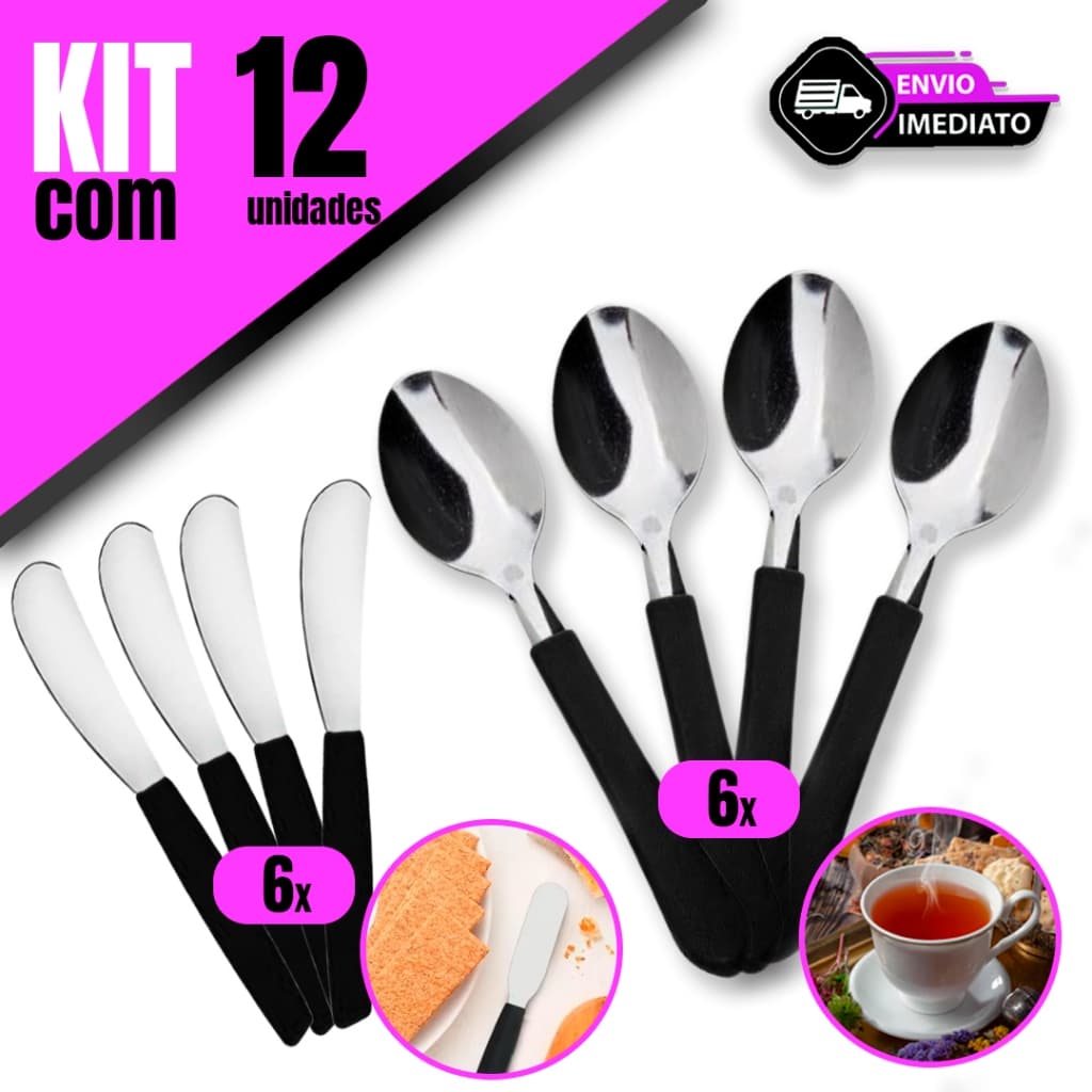 Kit 6 Colheres de Chá e 6 Espátulas de Manteiga com Cabo Preto - Ideal Para Sua Cozinha Cafeteria Lanchonete