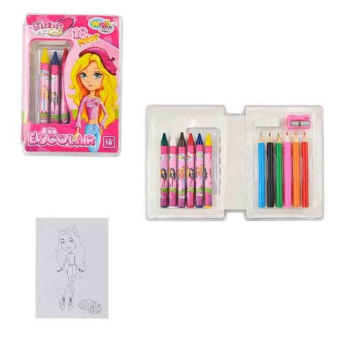 Estojo Infantil Escolar Glam Girl 18 Peças 6 lápis de cor, 6 gizes de cera, 4 desenhos para colorir e muito mais