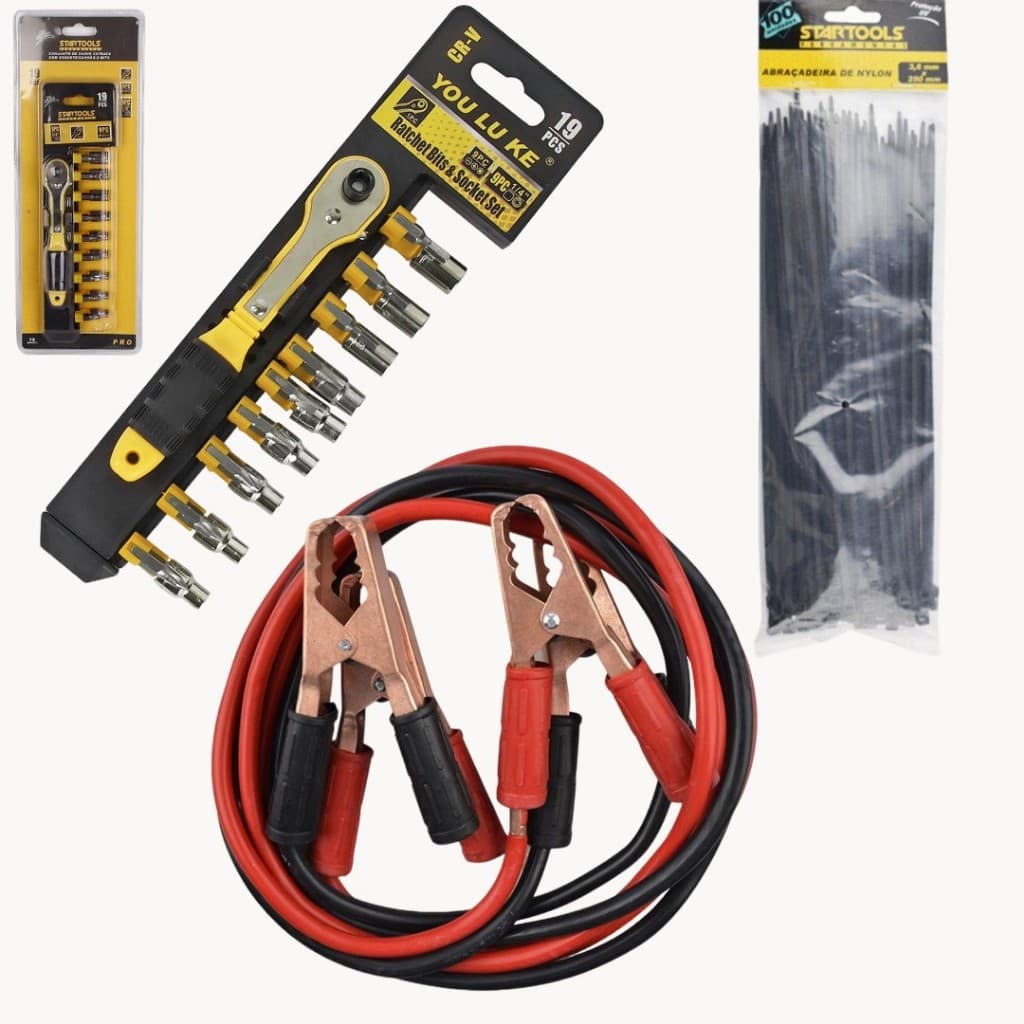 Kit Ferramentas Completo: Chave Catraca 19 Peças + Abraçadeira Nylon 100un + Cabo de Chupeta 300A