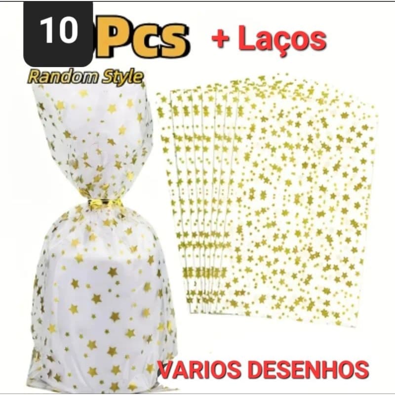 10 a 50 Sacos Celofane 15x29 Com Estrelas Douradas + Laços Presente Embalagem