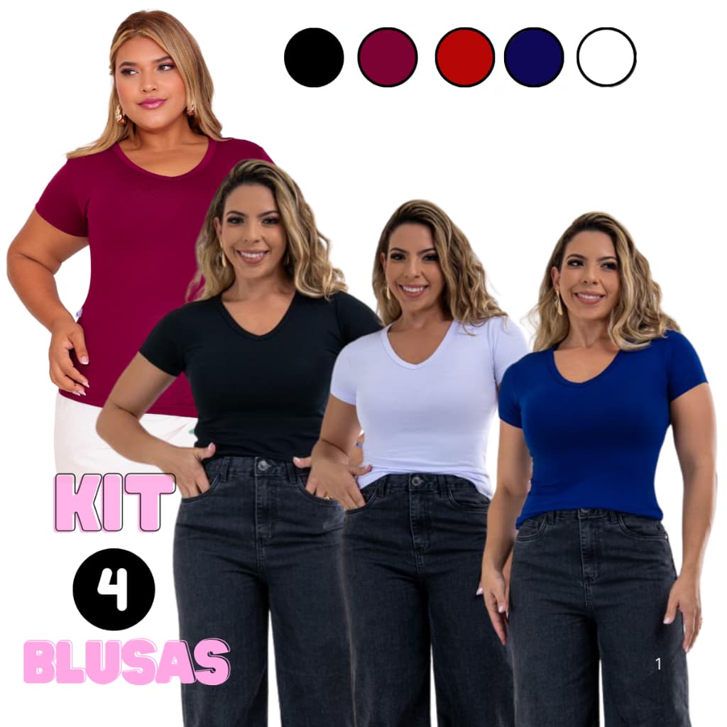 KIT 4 Blusa Feminina Gola V Manga Curta T-shirt Básica Blusinha