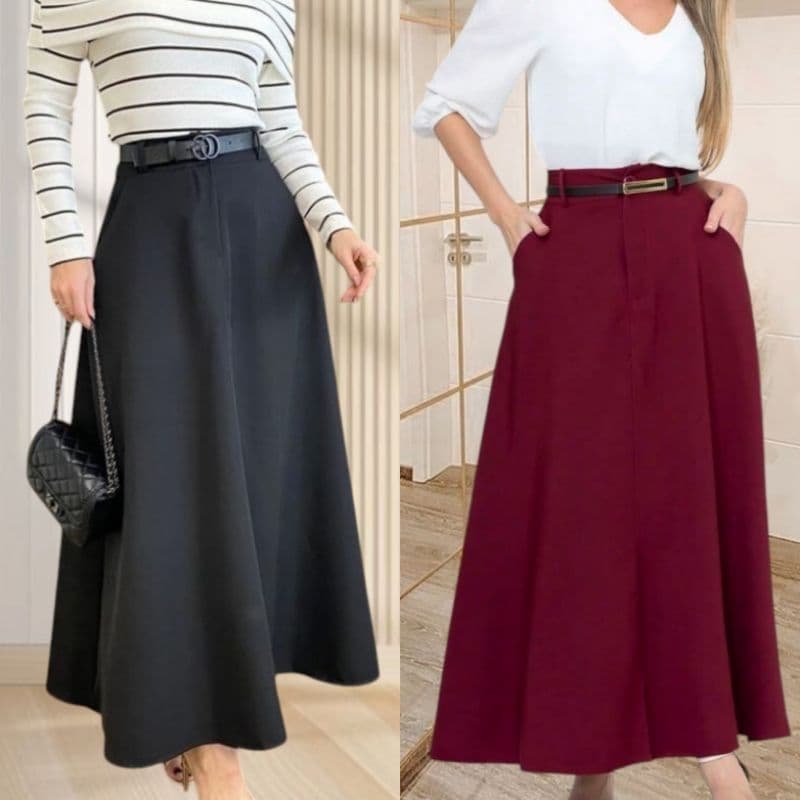 Saia Longa Feminina de Alfaiataria Com Bolsos | Saia Longa com Cinto | Saia Moda Evangélica Tendência