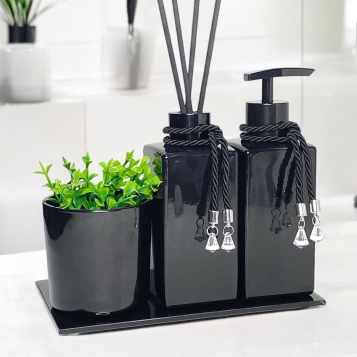 Kit Lavabo Banheiro Preto c/ 4 Peças Luxo Difusor e Saboneteira Bandeja Vasinho