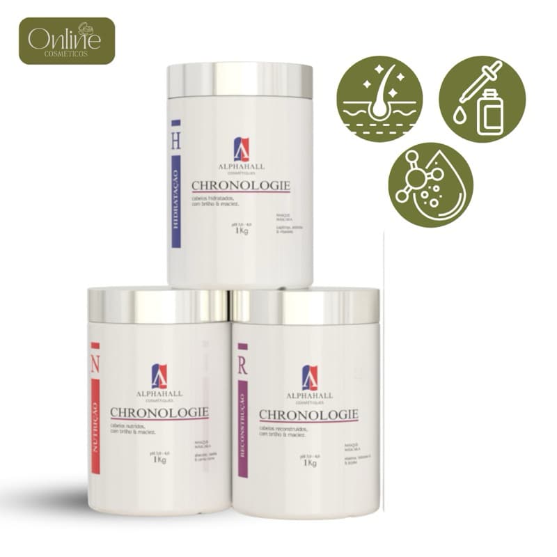 Kit Cronograma Capilar 3 Itens PROFISSIONAL Alphahall - Mascaras Hidratação + Nutrição + Reconstrução( 1KG cada).