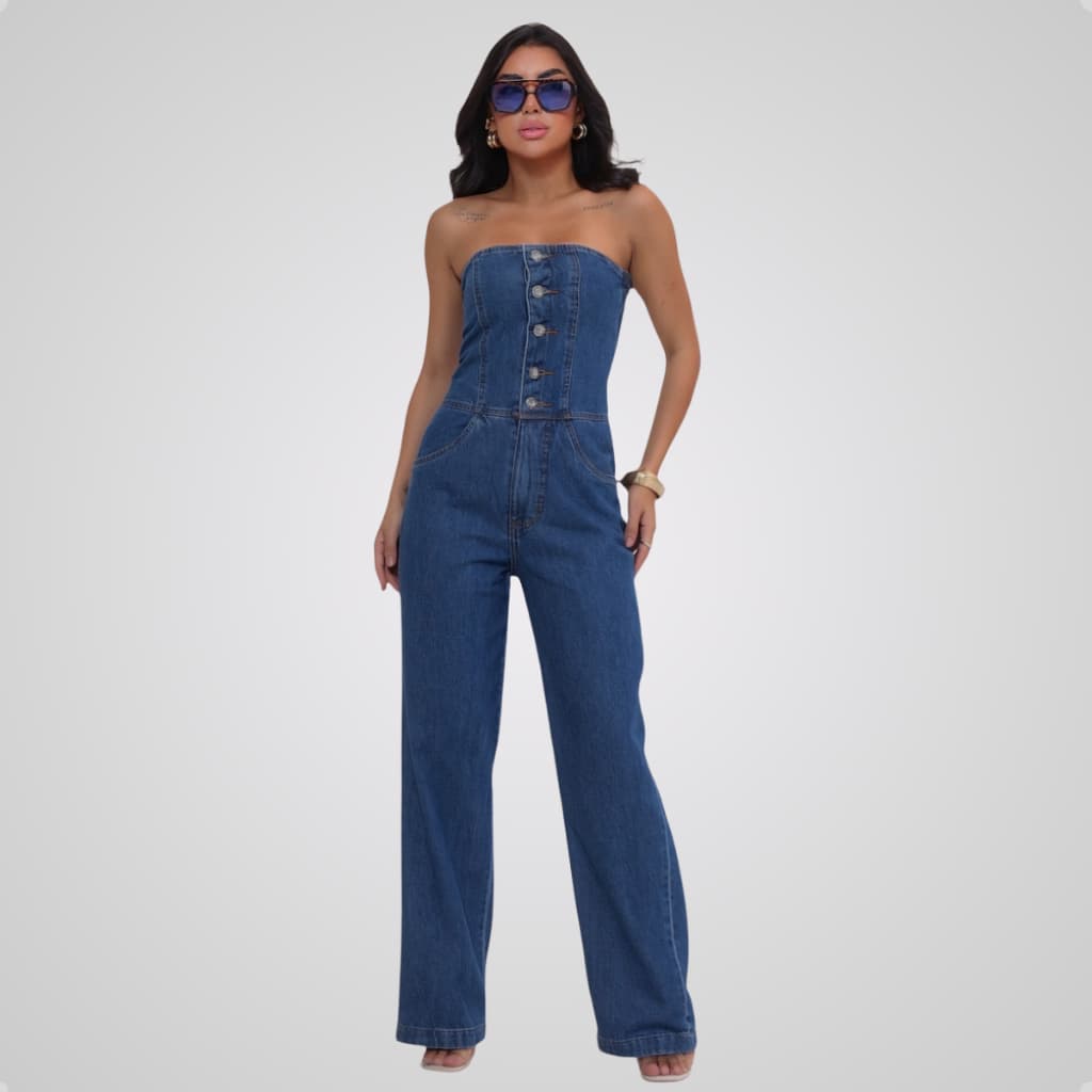 Macacao Jeans Tomara Que Caia Botões Frontal Wide Leg Moda Feminina Jardineira Pantalona