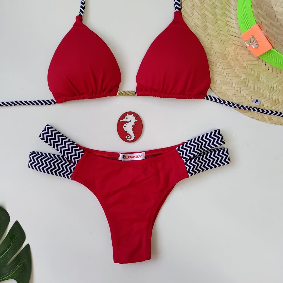 Biquini cortininha com bojo vermelho retro