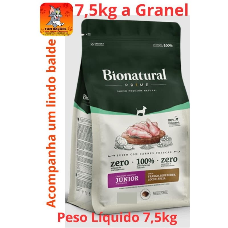 BIONATURAL PRIME JÚNIOR, 7,5kg granel + BALDE, sabor FRANGO, Super Premium, ração para cachorro filhote de raça pequena.